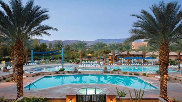 A resort pool area with multiple pools, lounge chairs, and palm trees. - Marriott Shadow Ridge at Palm Desert, CA (Palm Desert)