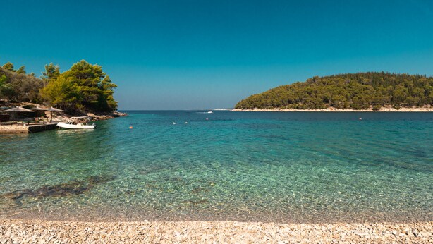 Une vue dégagée sur la côte, avec une plage de galets, un bateau et une île boisée.