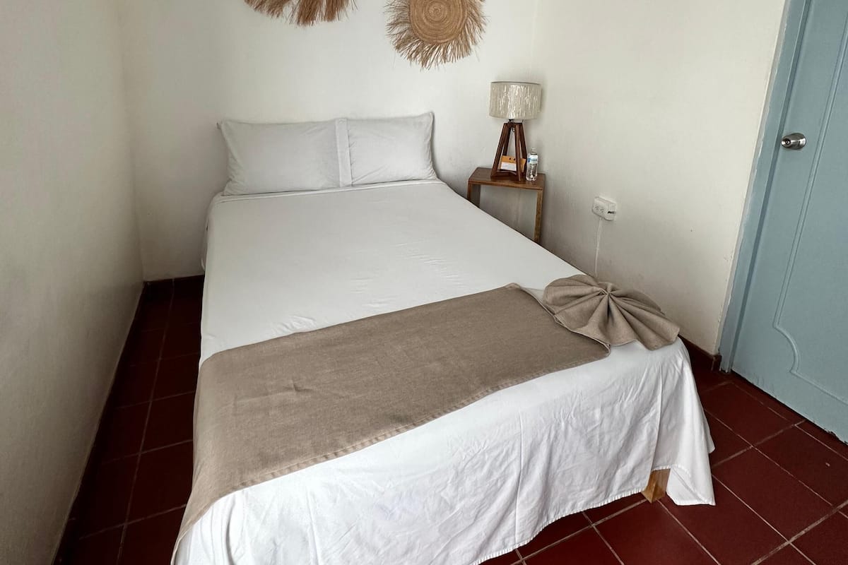 A bedroom with a bed, a ceiling fan, two wall-mounted decorative items, a bedside lamp, and a door.