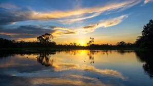 A calm lake reflecting the sunset with silhouettes of trees and a clear sky.