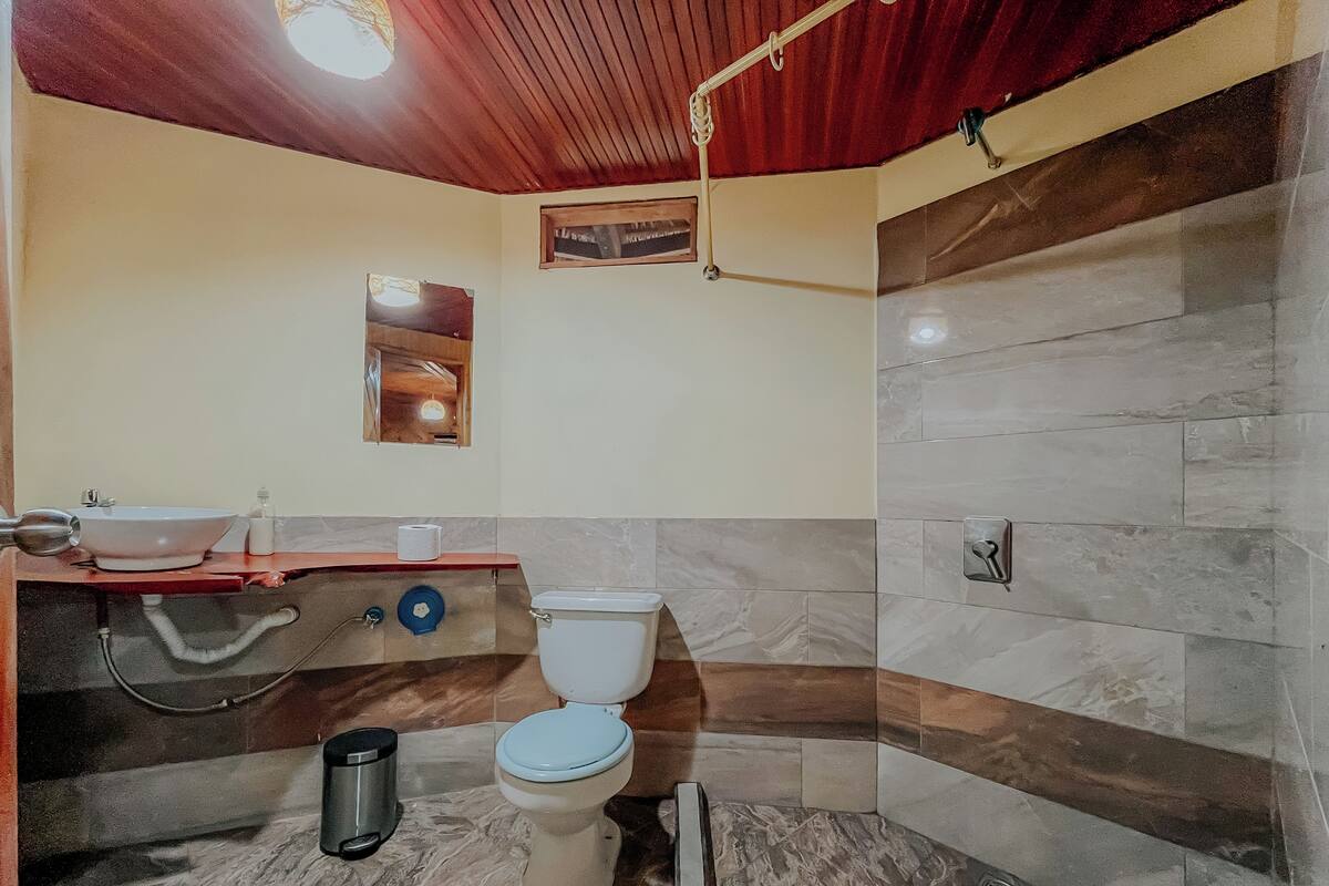 Un baño con techo de madera, un lavabo con espejo, un inodoro y una zona de ducha.