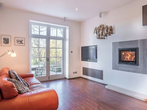 A modern living room with a fireplace, a television, and a large window.