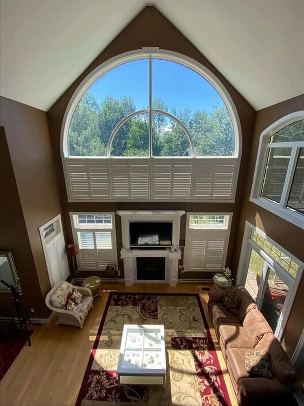 TV, fireplace, books
