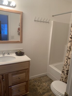 Hair dryer, towels, toilet paper
