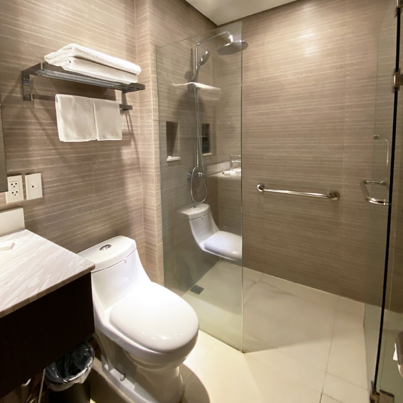 A modern bathroom with a glass-enclosed shower, a toilet, and a vanity with a towel rack.