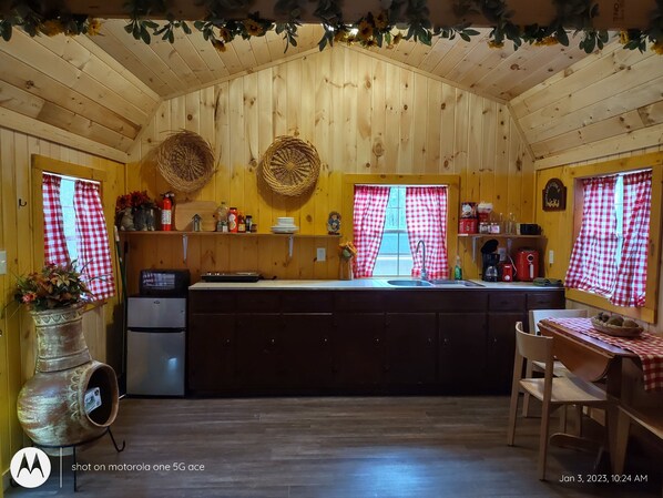 Fridge, coffee/tea maker, toaster, lobster pot