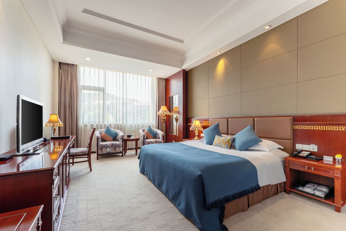 A hotel room with a large bed, a desk with a flat-screen TV, two armchairs, a sofa, and a large window with curtains.