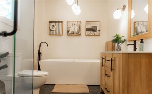 Hair dryer, towels, soap, shampoo