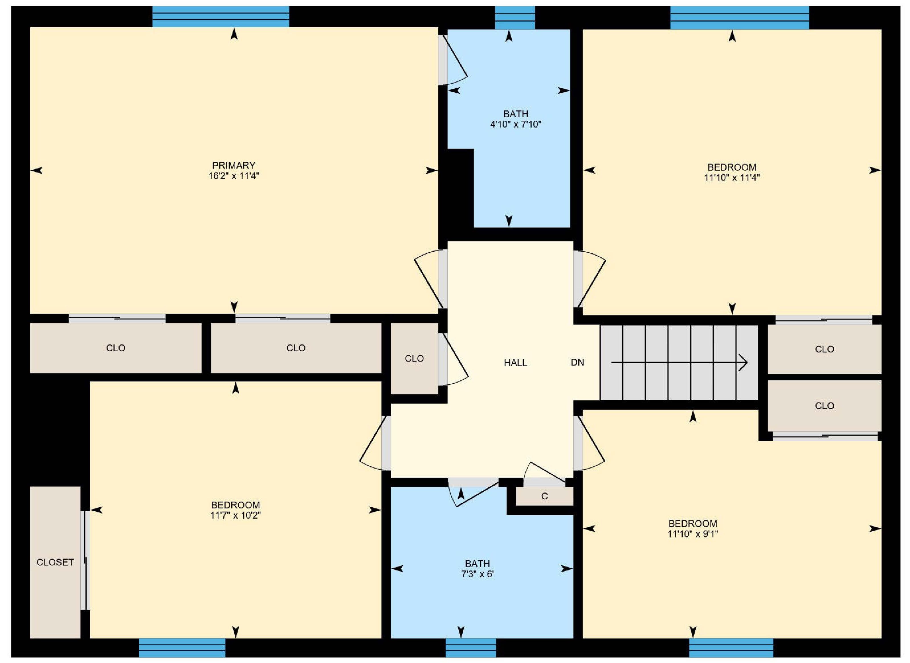 Ein Grundriss mit einem Hauptschlafzimmer, zwei weiteren Schlafzimmern, einem Badezimmer, einem Abstellraum und einem Flur.