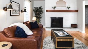 Smart TV, fireplace, books