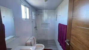 Ein modernes Badezimmer mit Toilette, Waschbecken, Dusche und einer Holztür.