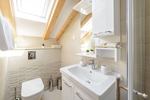 Features a skylight and includes a large sink, toilet, and storage.