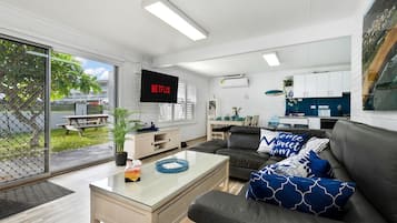 Älytelevisio, takka, videopelejä, kirjoja