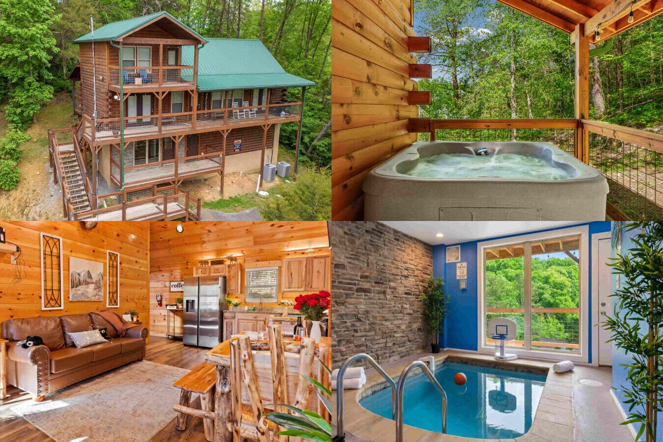 A cabin with a hot tub, a pool, a dining area, and a living room.