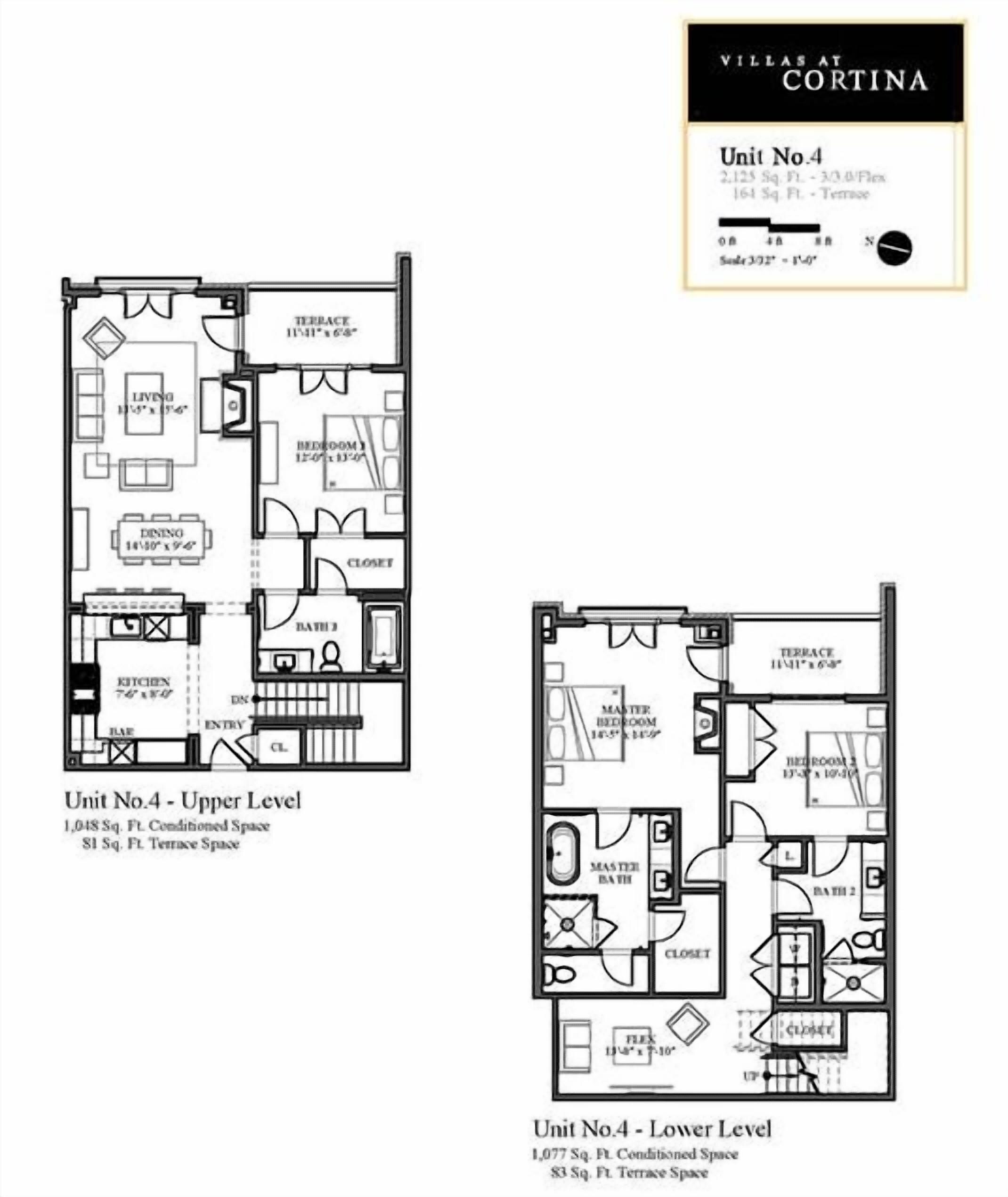 Floor plans for Unit No.4 at Villas at Cortina, including living, dining, kitchen, master bedroom, and bathroom layouts.