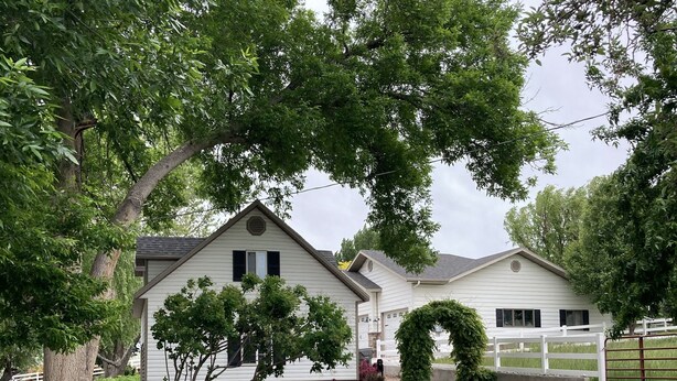 Un quartier résidentiel avec une maison blanche, une allée et une cour clôturée.