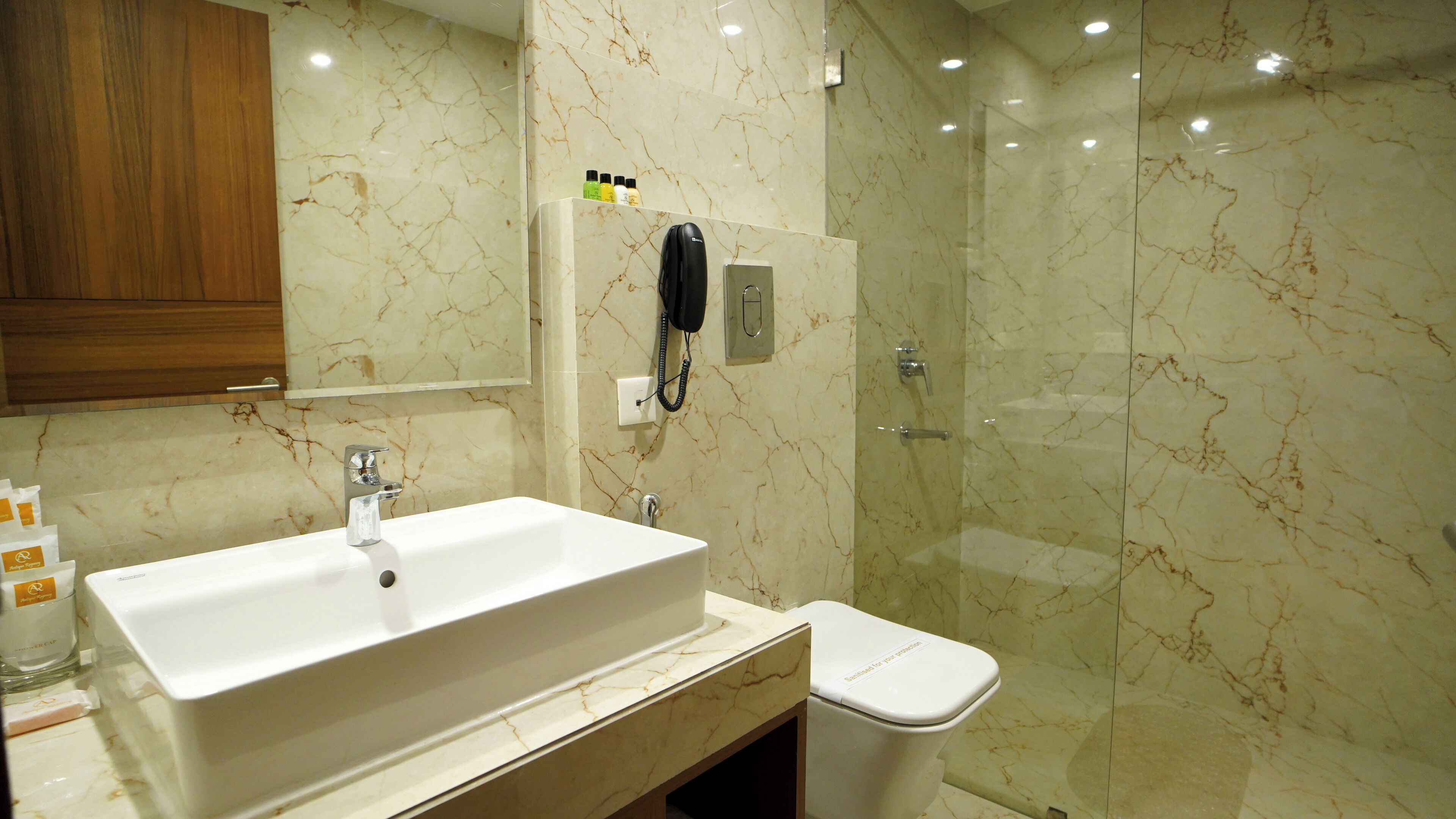 A bathroom with a marble sink, a toilet, and a shower.