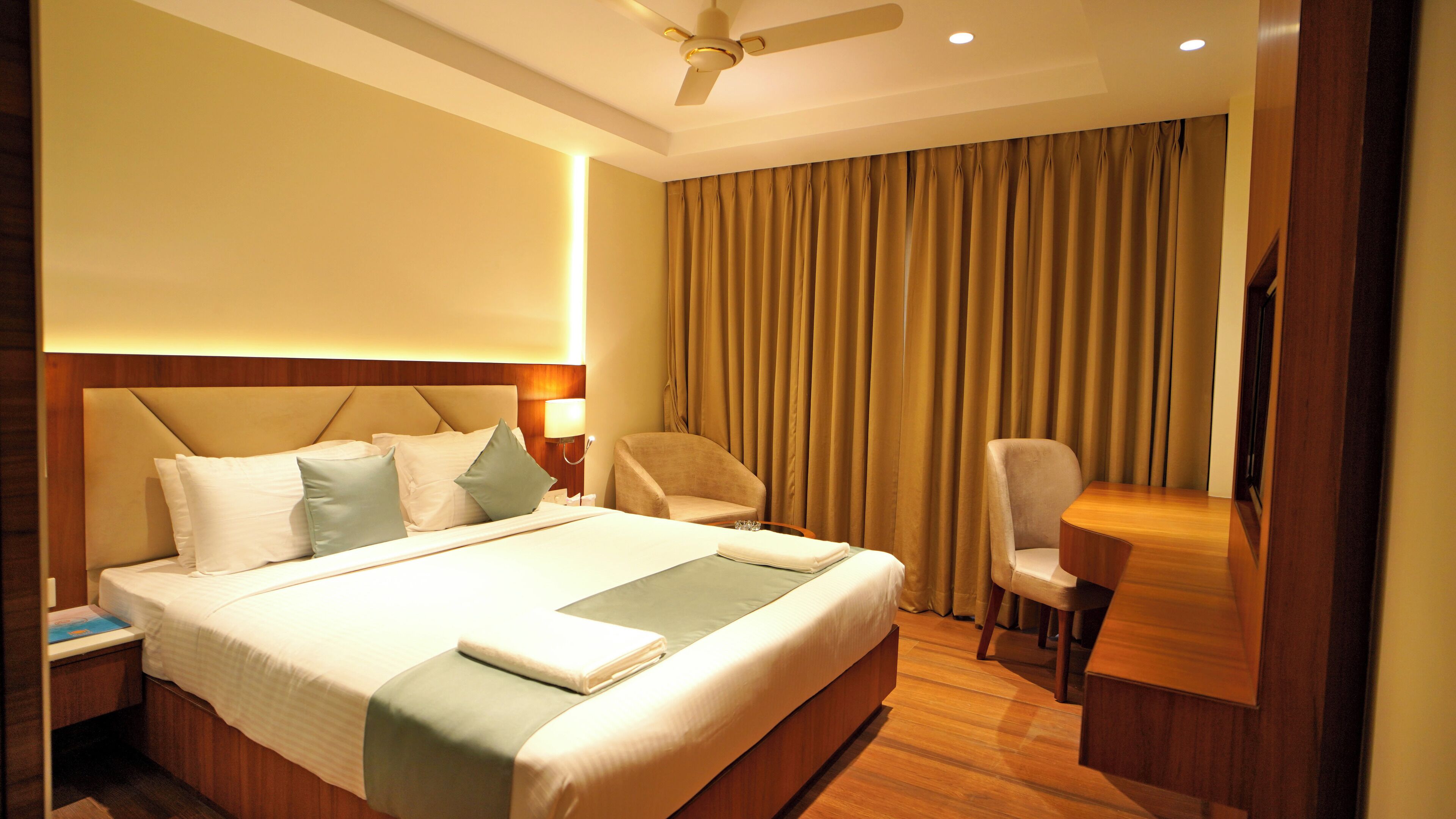 Pillowtop beds, laptop workspace, soundproofing, free wired internet