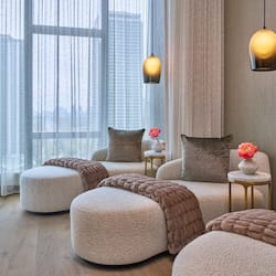 Relax in this stylish living room with plush ottomans, a vase of flowers, and ambient lighting.