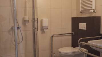 A bathroom with a glass-enclosed shower, a toilet with a handrail, and a sink with a mirror.