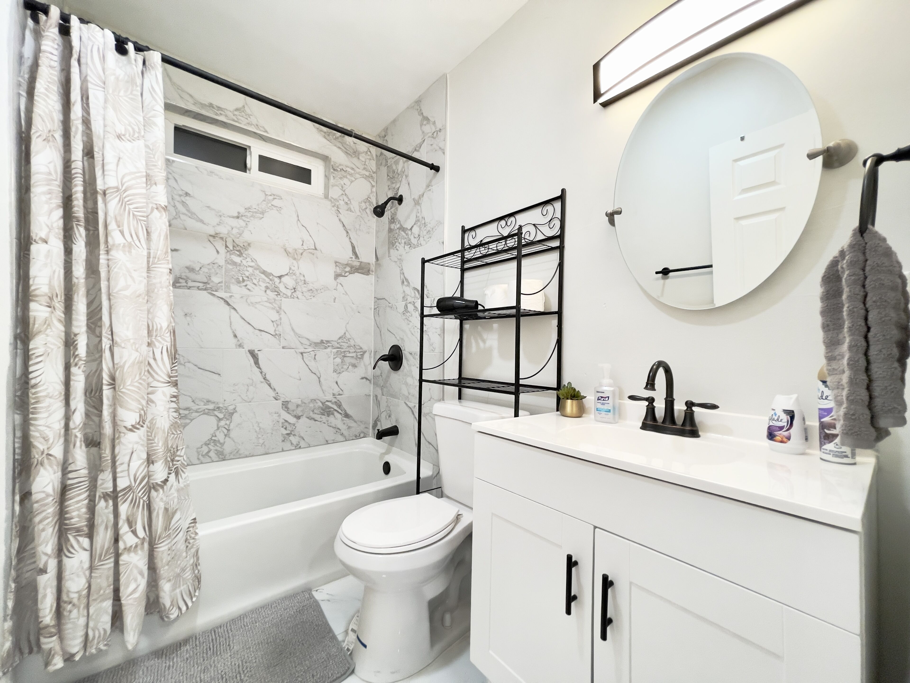 Hair dryer, towels, soap, shampoo