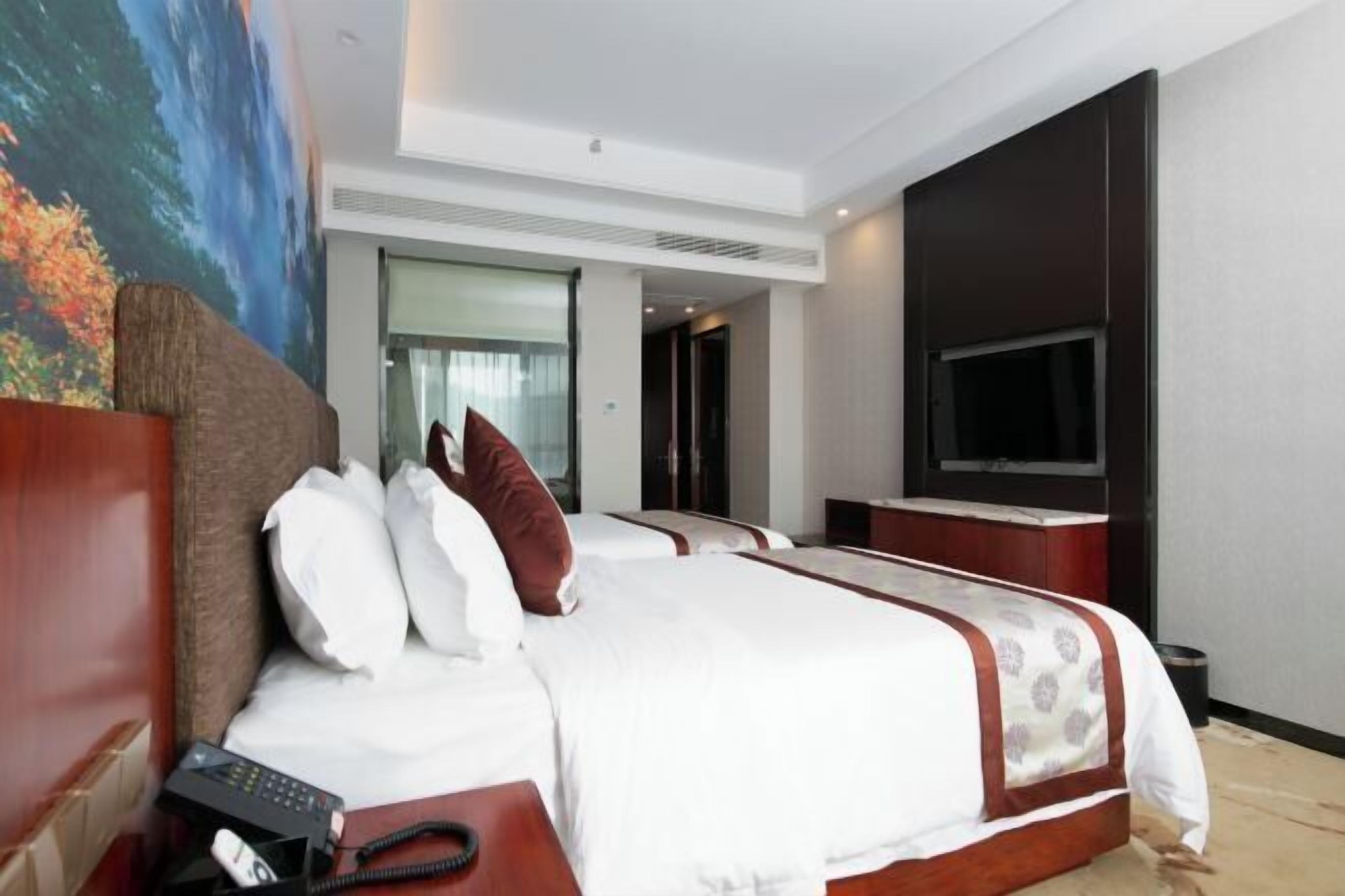 Camera d'albergo con un letto grande, una TV e un telefono.