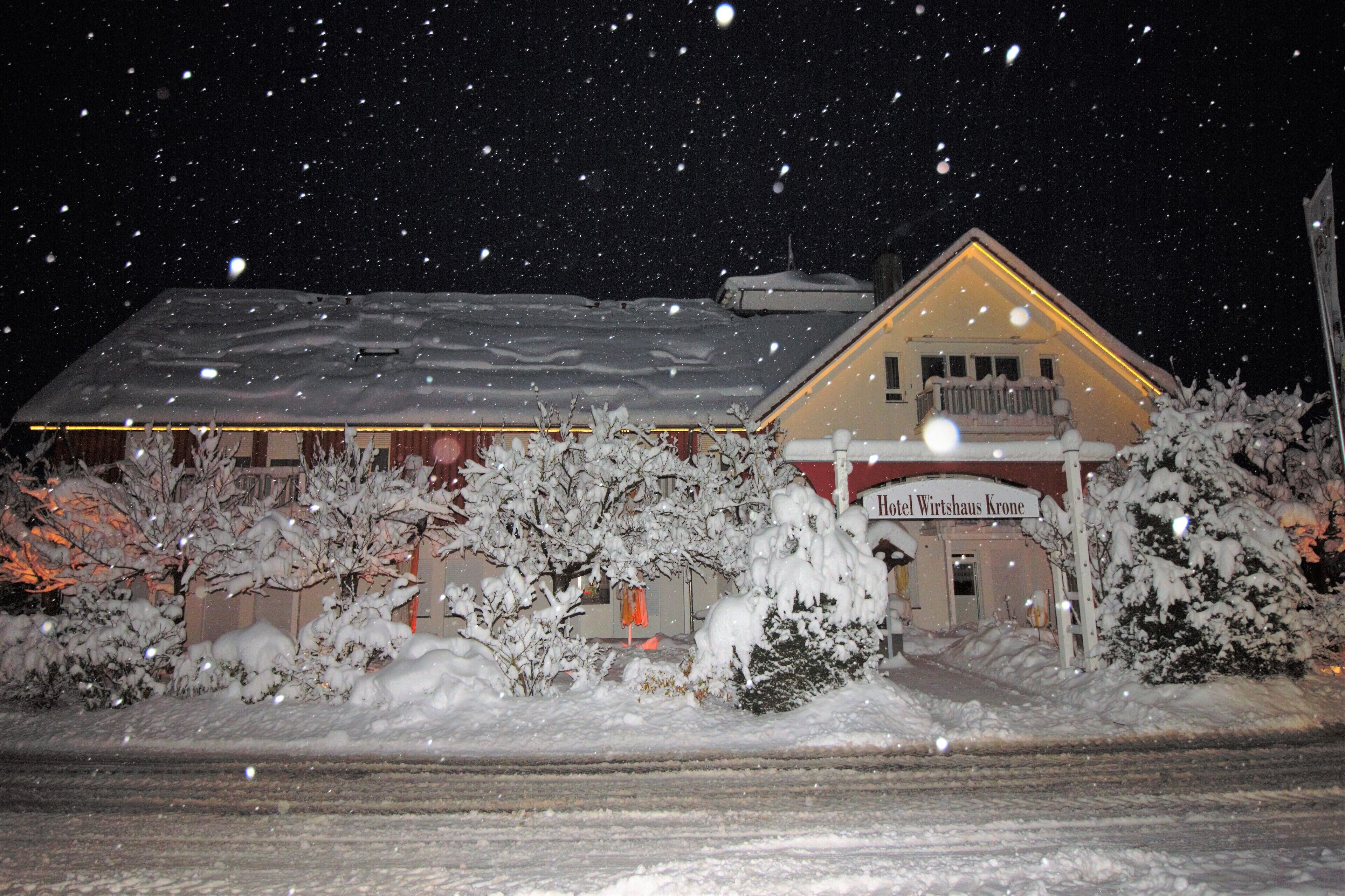 A hotel with a snow-covered roof and exterior, surrounded by snow-laden trees.