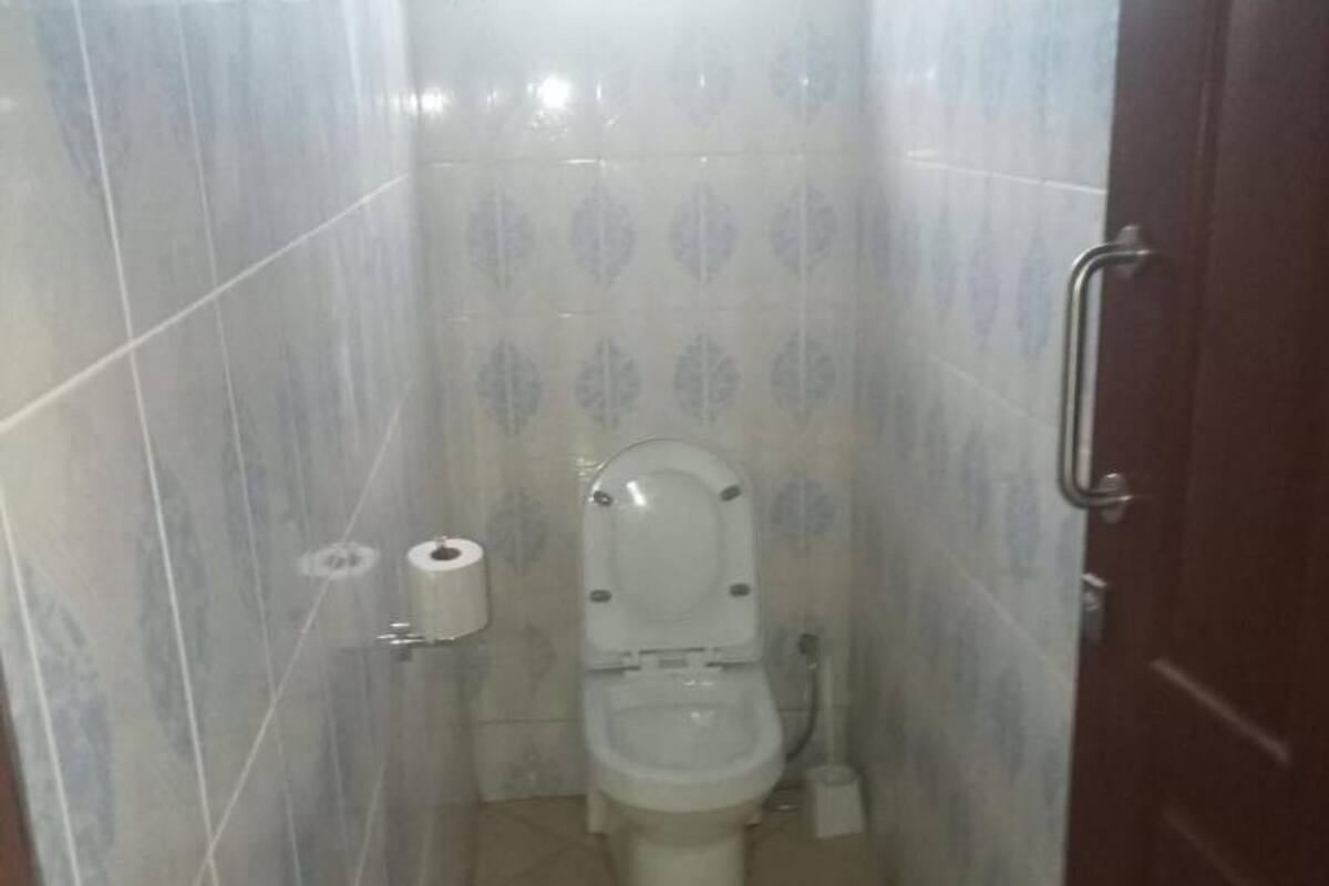 A small bathroom with a toilet, a roll of toilet paper, and a toilet brush.