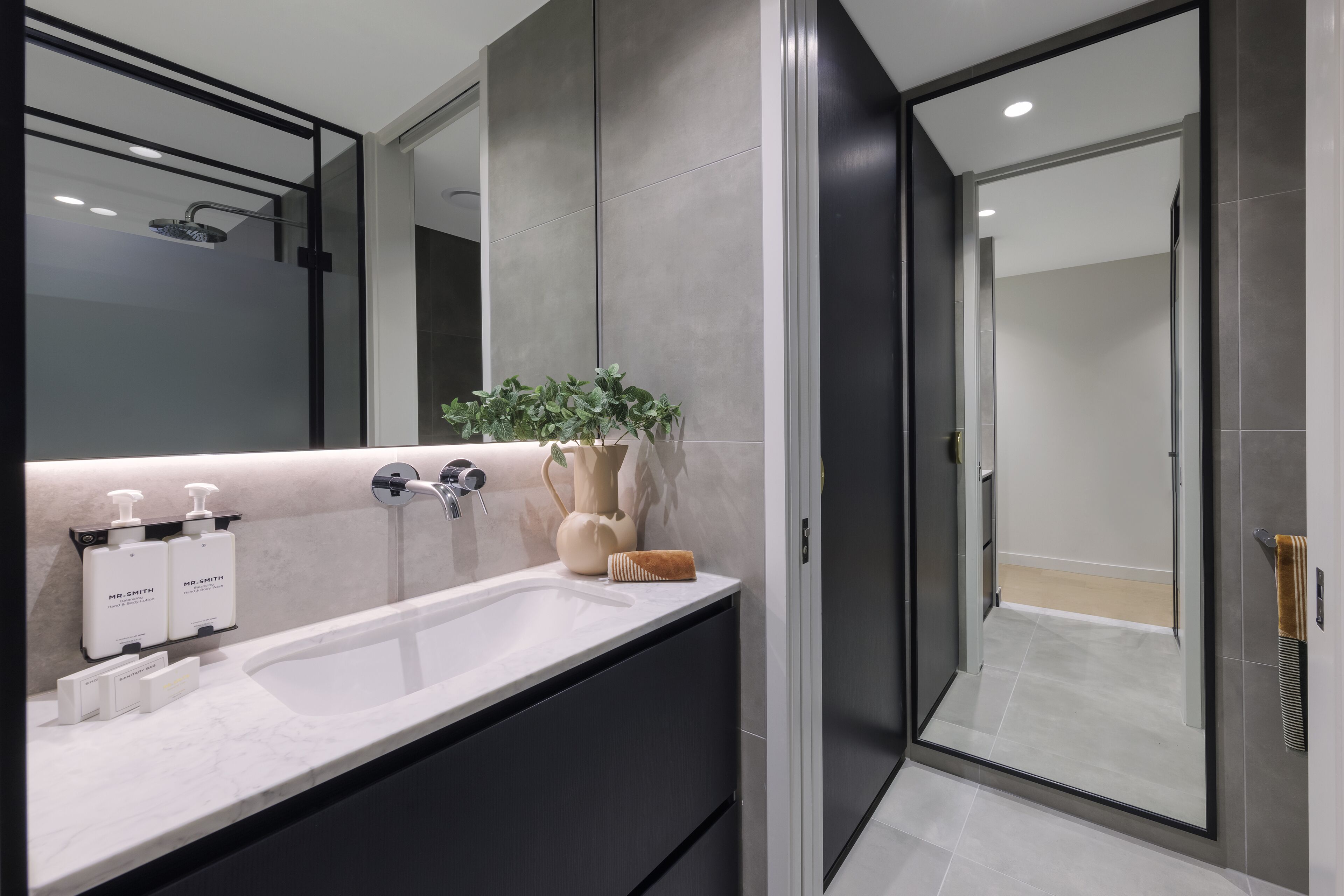 A modern bathroom with a large mirror, a sink with hand soap dispensers, a potted plant, and a shower area.