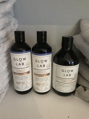 Hair dryer, towels, soap, shampoo