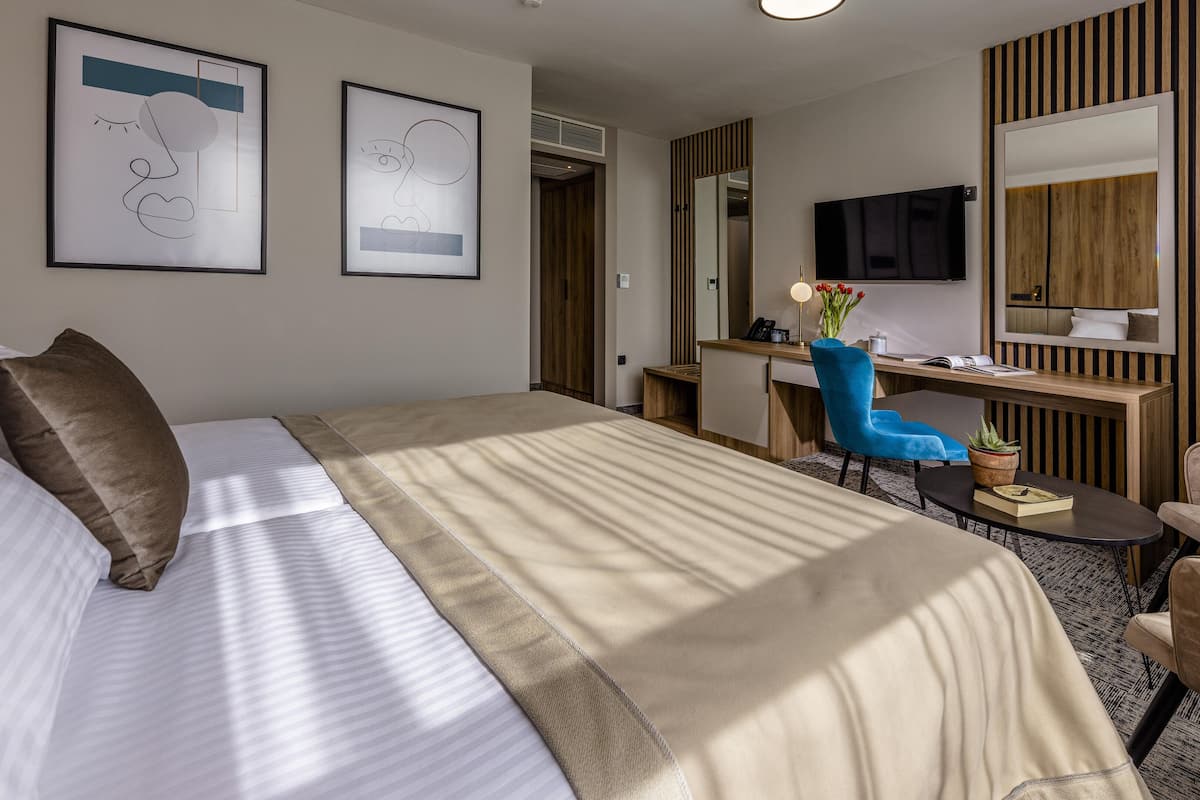 Een hotelkamer met een bed, een bureau, een stoel, een bank en een televisie.