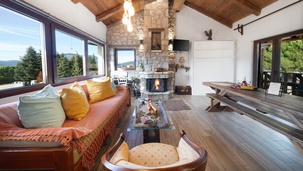 Un salon chaleureux avec une cheminée en pierre, des poutres apparentes en bois au plafond et une grande fenêtre donnant sur une zone boisée.