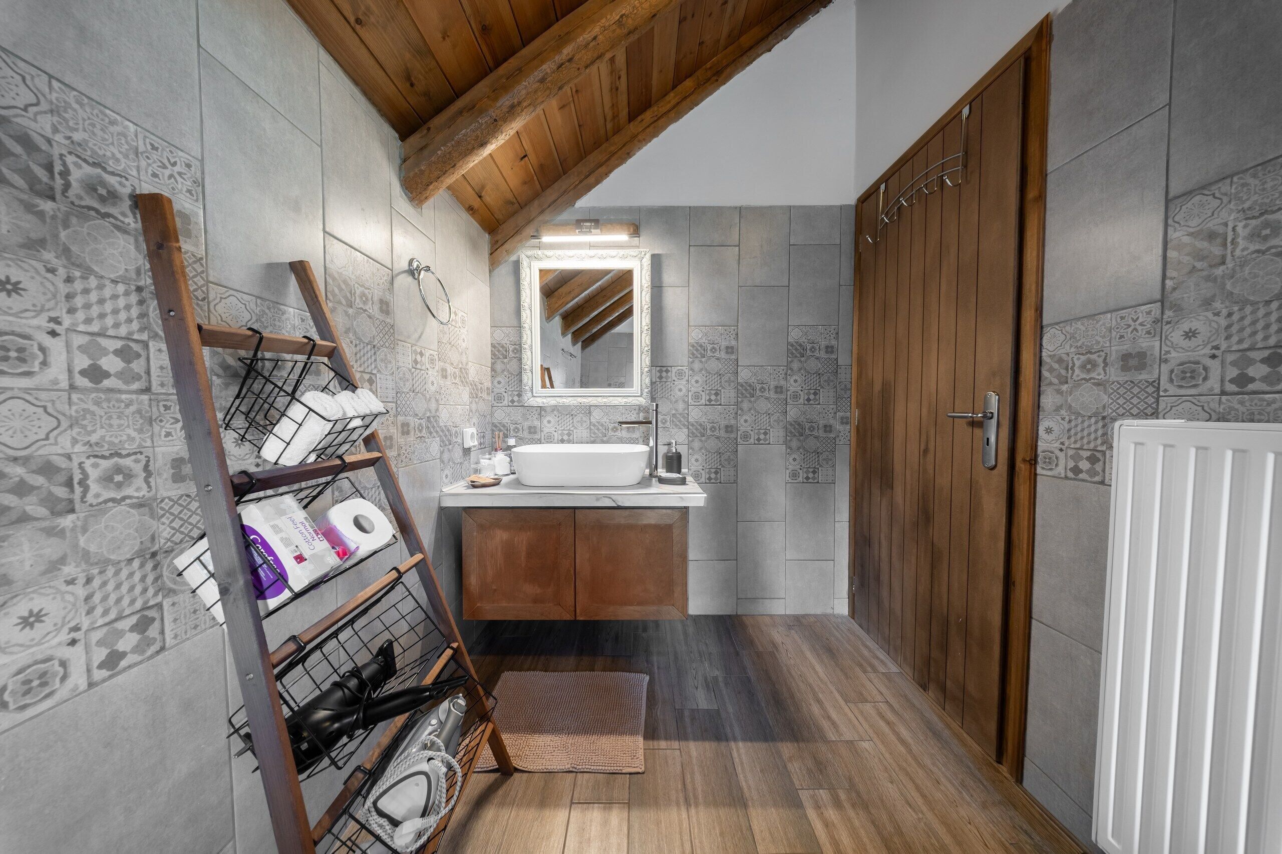 Hair dryer, towels, soap, shampoo