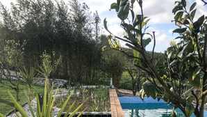 Une terrasse en bois mène à une piscine à l’eau d’un bleu limpide, entourée de galets et de verdure.