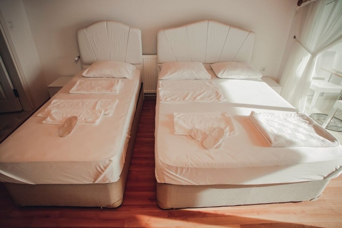 A twin room with two single beds, each with a headboard, a bedside table, and a window with sheer curtains.