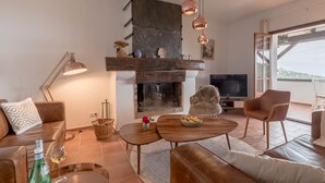 Una sala de estar moderna con chimenea, muebles de cuero y televisor.