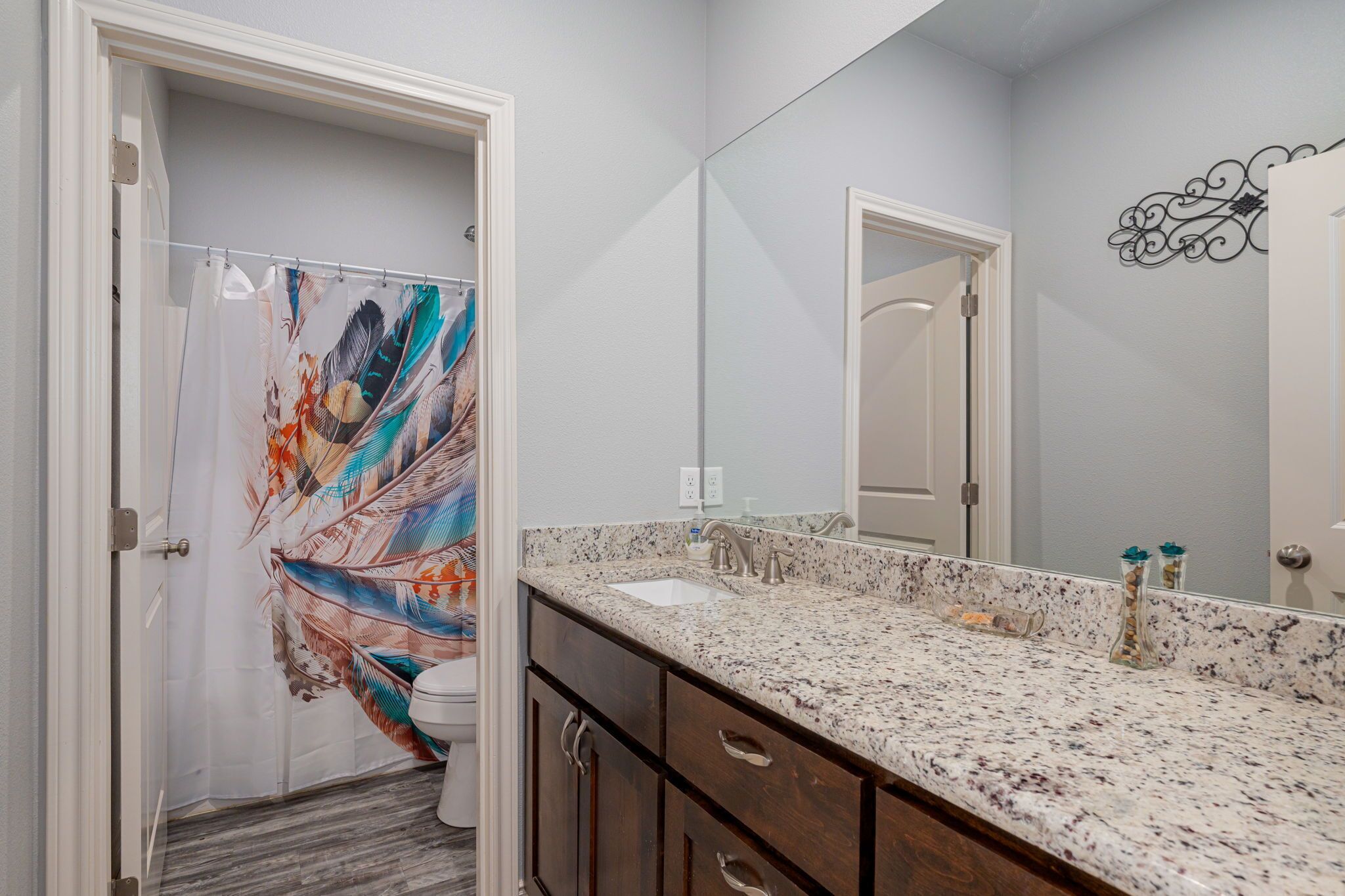 A bathroom with a shower curtain featuring a colorful feather pattern, a sink with a granite countertop, and a mirror above the sink.