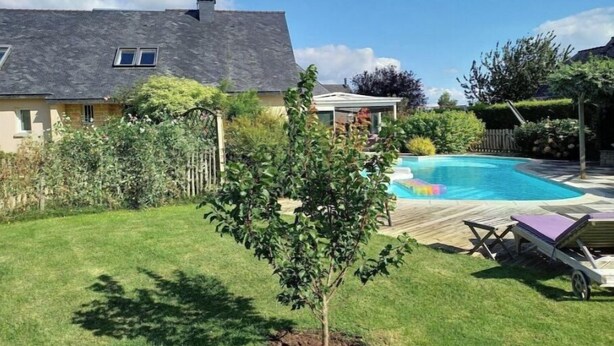 Een achtertuin met een zwembad, een kleine boom en een houten terras.
