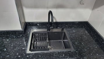 Fridge, microwave, coffee/tea maker, electric kettle