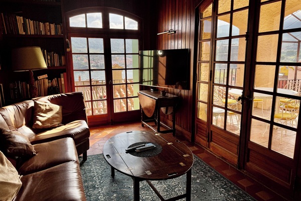 Smart TV, chimenea, libros, estéreo