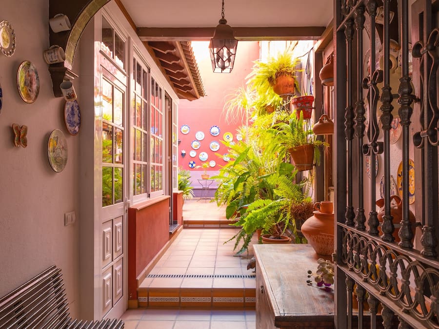 Un pasillo estrecho con un banco, plantas en macetas y platos decorativos en las paredes.