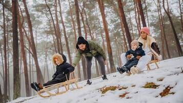 Escena nevada al aire libre con un trineo de madera, un bosque de fondo y gente disfrutando de actividades invernales.