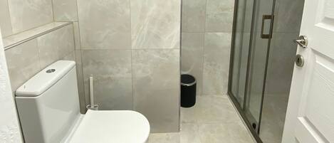 Een badkamer met een toilet, een douche en een glazen deur.