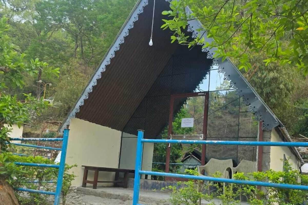 A small, triangular-roofed structure with a metal gate, surrounded by greenery and a stone wall.