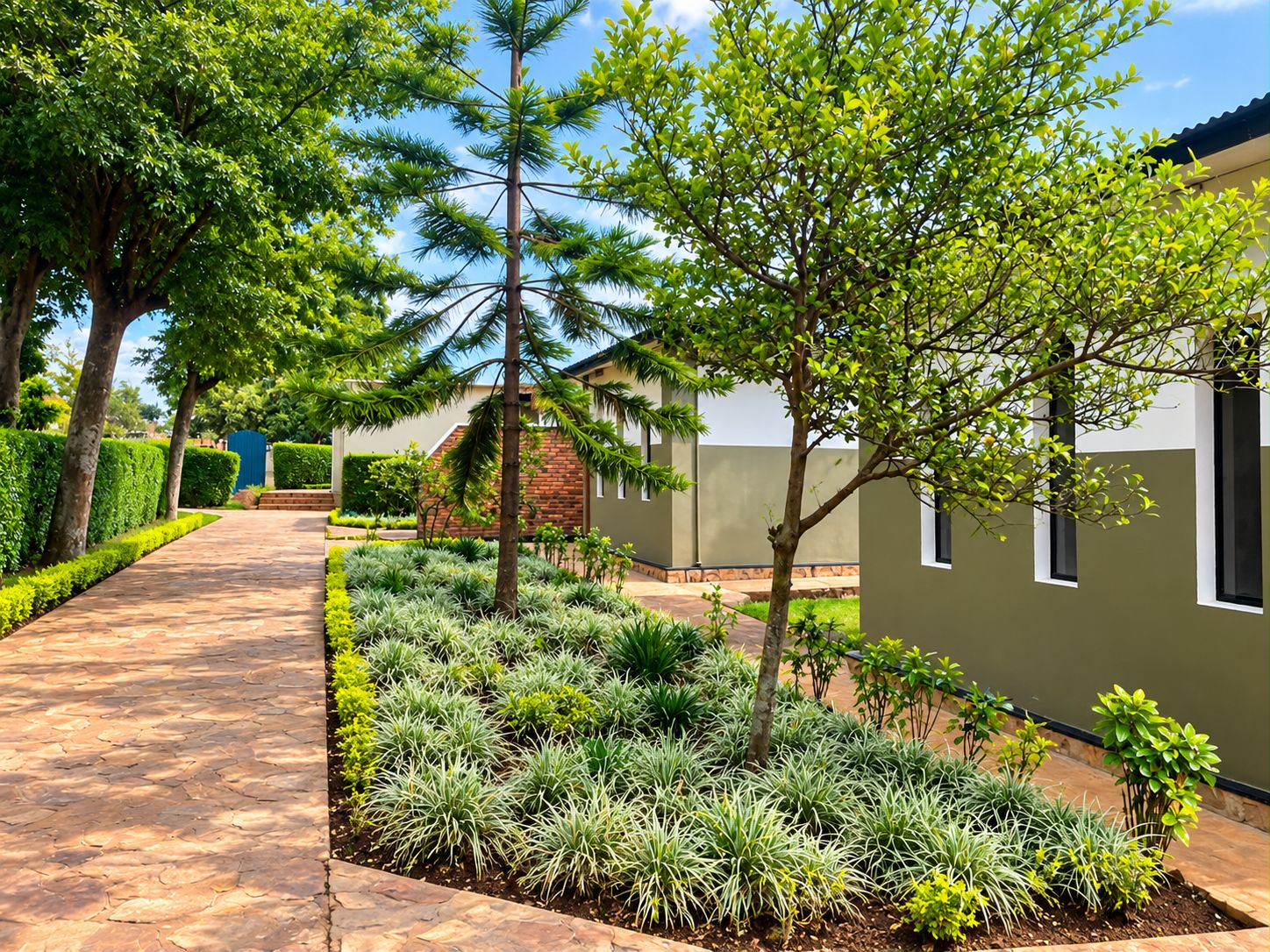 A pathway leading to a building with a garden in front.