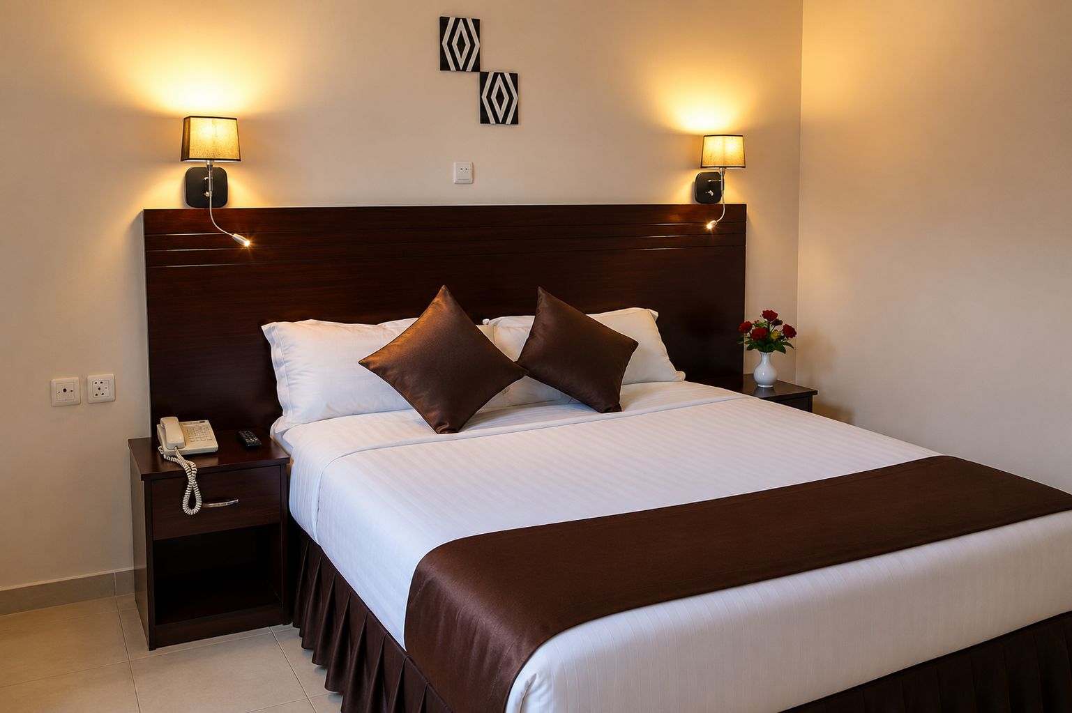 A hotel room with a large bed, two bedside tables with lamps, a telephone, and a vase with flowers.