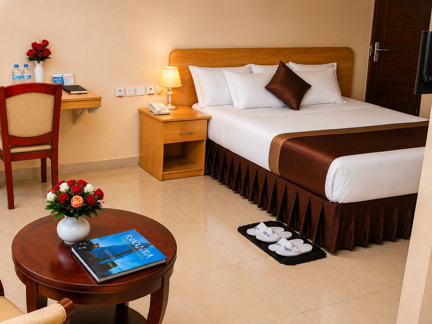 Una habitación de hotel con cama, mesita de noche, lámpara, silla y una pequeña mesa con un libro y flores.