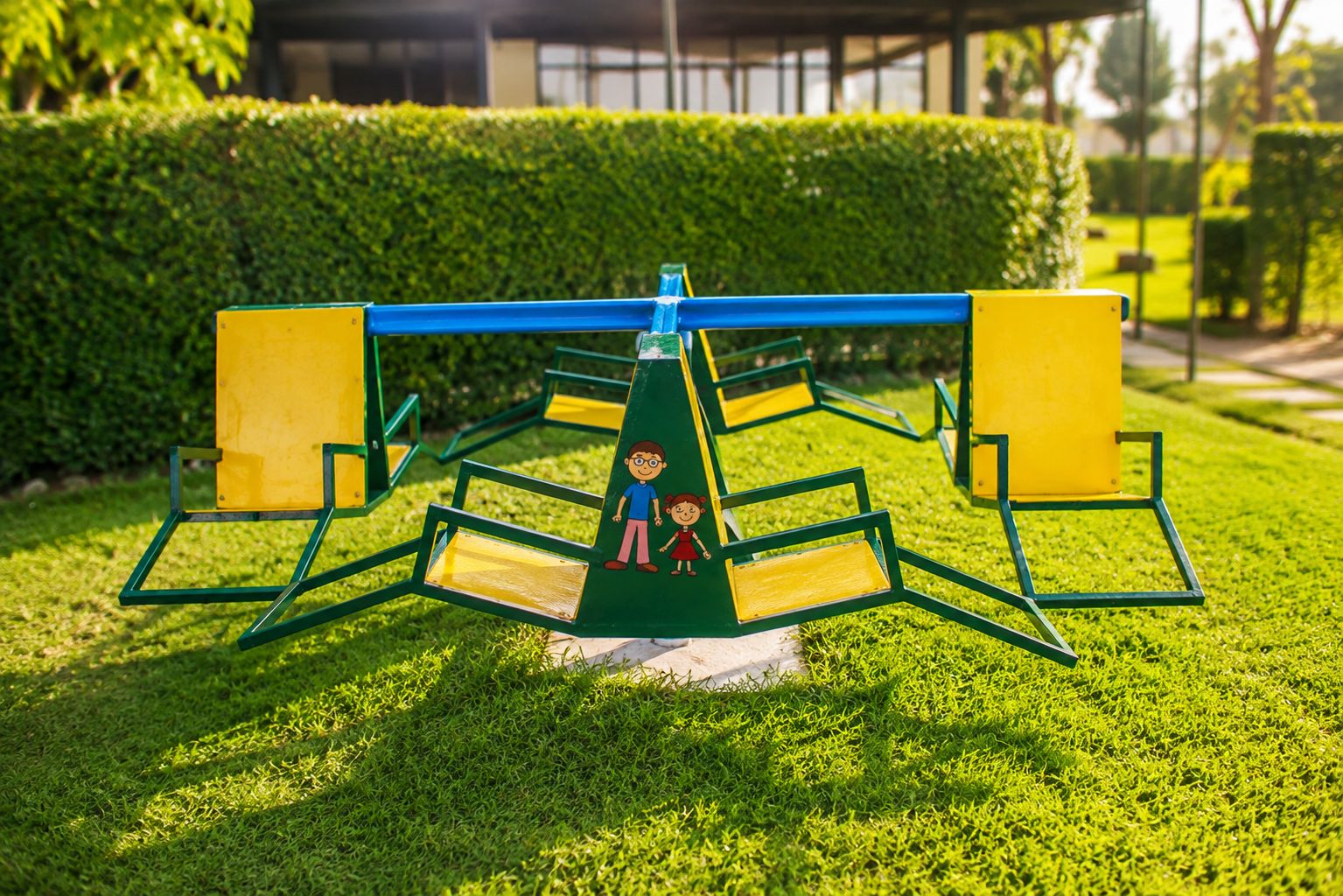A playground with a seesaw and a swing set.
