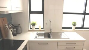 Een moderne keuken met een zwart fornuis, witte kastjes, een spoelbak en twee potplanten op de vensterbank.