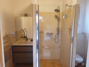 Shower, towels, toilet paper